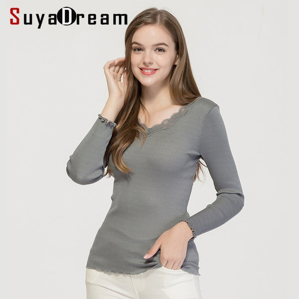 SuyaDream V neck RIB Tight Pullovers 70%Silk 30%Cotton Lace Collar Women Bottoming Sweaters 2019 Autumn Winter Knitwear