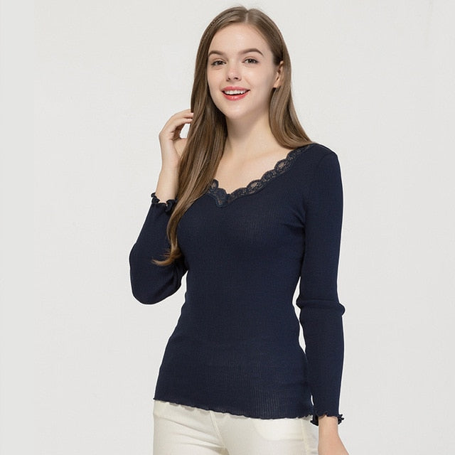 SuyaDream V neck RIB Tight Pullovers 70%Silk 30%Cotton Lace Collar Women Bottoming Sweaters 2019 Autumn Winter Knitwear