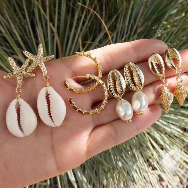 Tocona 4pair/1set Boho Gold Beach Shell Starfish Conch Pearl Drop Dangle Earrings