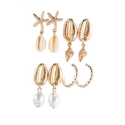 Tocona 4pair/1set Boho Gold Beach Shell Starfish Conch Pearl Drop Dangle Earrings