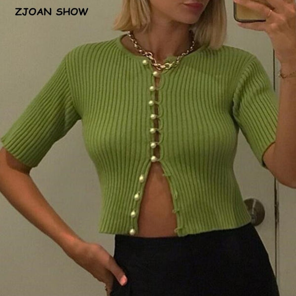 2020 Summer Retro Knitting Single Breasted Pearl Cardigan Sweater Woman Stripe line O neck Short Sleeve Jumper Knitted Knitwear