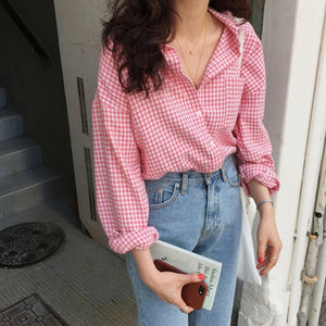 Colorfaith New 2020 Women Spring Summer Blouse Shirts Plaid Fashionable Single Breasted Casual Loose Wild Sweet Pink Tops BL023