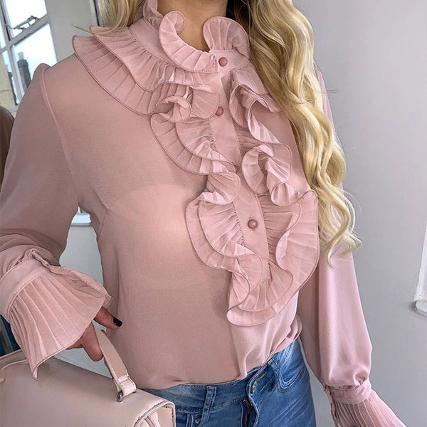 Spring Ruffled Long Flare Sleeve Women's Blouses Black See Through Buttons Female Tops 2020 Summer Vintage Thin Ladies Blouse