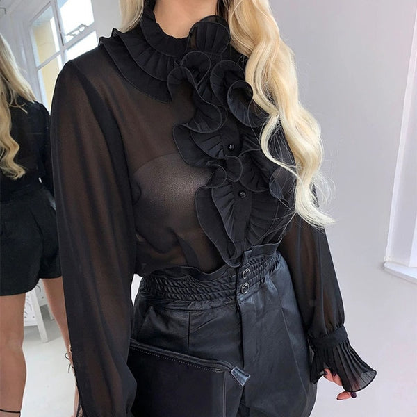 Spring Ruffled Long Flare Sleeve Women's Blouses Black See Through Buttons Female Tops 2020 Summer Vintage Thin Ladies Blouse