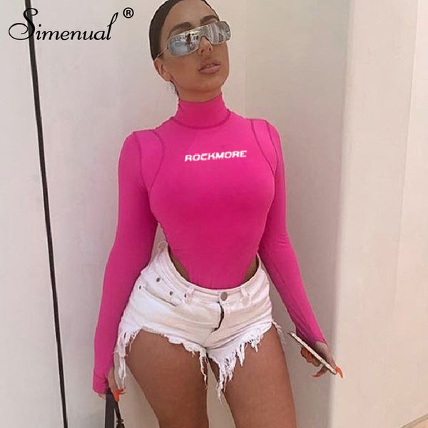 Simenual Sexy Bodycon Letter Print Bodysuits Women Long Sleeve Fashion 2019 Pink Romper One Piece Skinny Hot Turtleneck Bodysuit