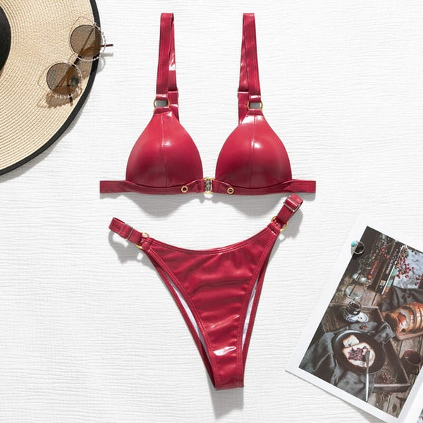 PU leather bikini set Red Triangle swimwear women 2020 Fashion Summer bathers High cut woman swimsuit female Sexy bathing suit