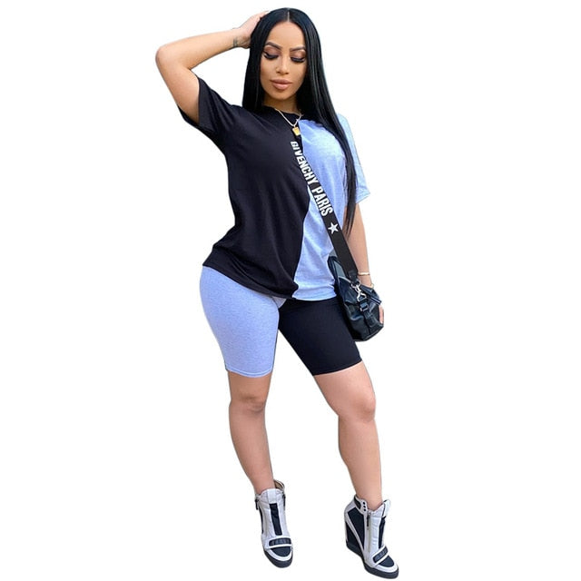 Two Piece Set For Women O Neck Top And Skinny Shorts Sports Tracksuit