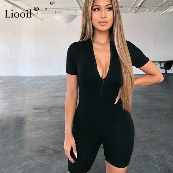 Liooil Black Gray Bodycon Playsuit Women Wear On Both Sides Sexy Jumpsuit Autumn 2020 Zip Up Party Club Romper Jumpsuits Shorts