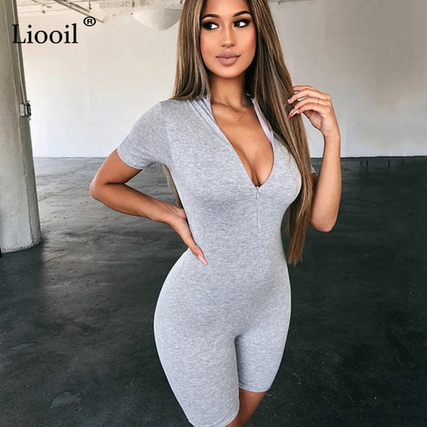 Liooil Black Gray Bodycon Playsuit Women Wear On Both Sides Sexy Jumpsuit Autumn 2020 Zip Up Party Club Romper Jumpsuits Shorts