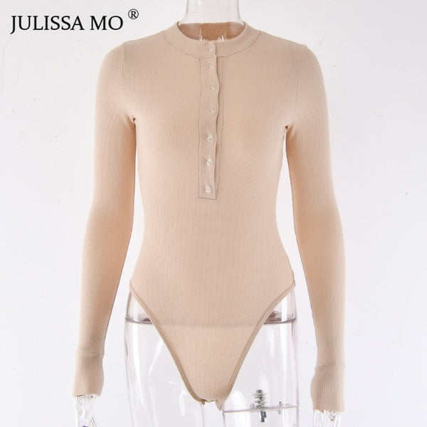 JULISSA MO Sexy V Neck Knitted Bodysuit Women Black Long Sleeve Buttons Rompers Womens Jumpsuit 2018 Casual One-pieces Bodysuits