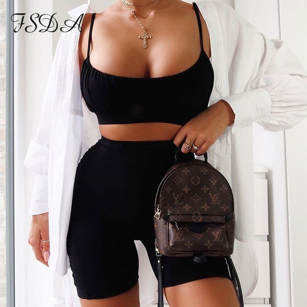 FSDA Women Summer Two Piece Set Sport Crop Top Ruched Spaghetti Strap And Pants Biker Shorts Casual Black Sleeveless Workout