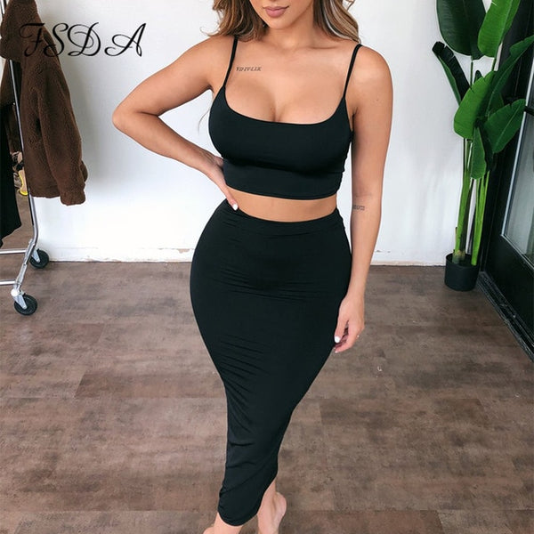 FSDA Sexy Outfit Club Summer Women Set Spaghetti Strap Crop Top Black And Midi Bodycon Skirt Long Party Backless Two Piece Set