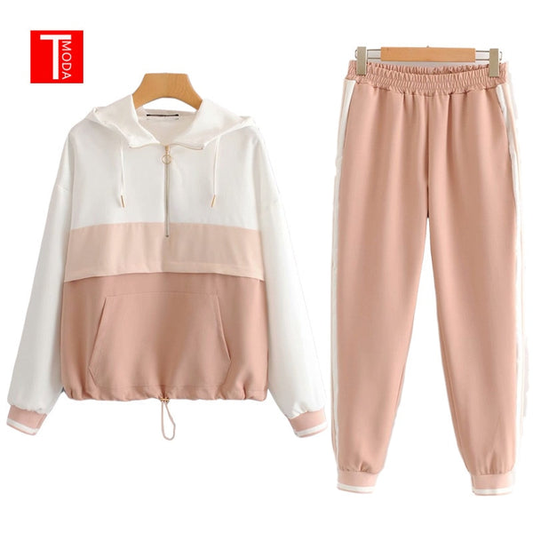 2019 Set Female Vintage Contrast Color Baseball Bomber Pullover Jacket Women Tops and Pencil Jogging Pants Suits Two Piece Sets