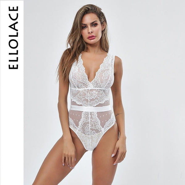 Ellolace Summer Lace Bodysuit Women Floral Embroidery Deep V Neck Sexy Bodysuit Dot Patchwork Jumpsuit Overalls 2019 Femlae Body