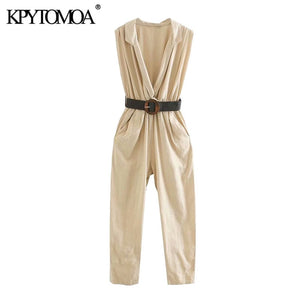 KPYTOMOA Women 2020 Chic Fashion Office Wear With Belt Jumpsuits Vintage V Neck Side Pockets Elastic Waist Female Playsuits