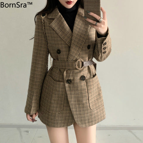 BornSra Korean Plaid Women Work Blazer Jacket 2020 Casual Double-breasted Sashes Suit Jacket Female Slim Female Blazer Outwear