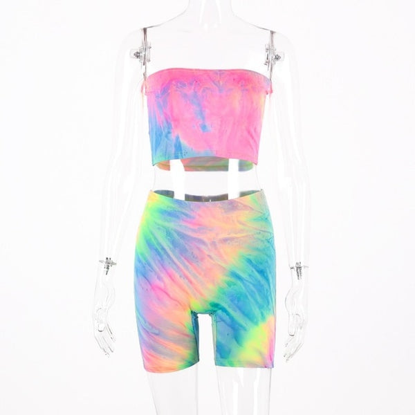 Hugcitar tie dye print sexy tank top biker shorts 2 two piece set 2019 summer women tracksuit crop tops streetwear