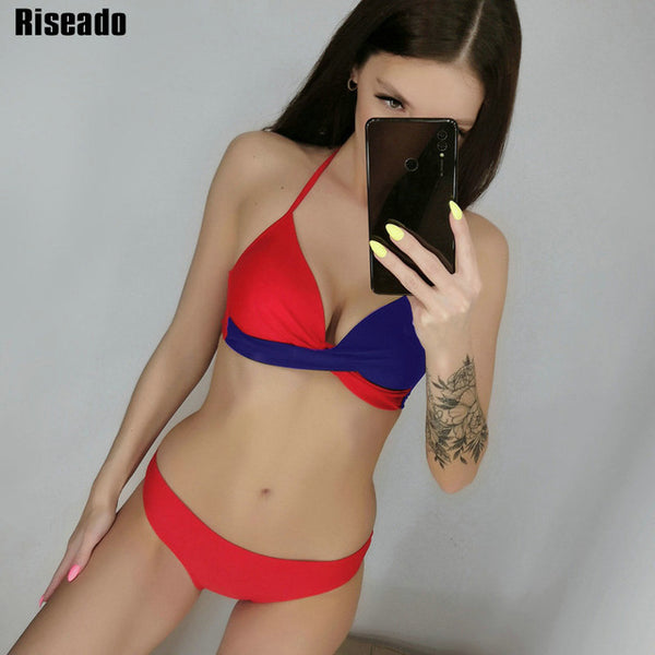 Riseado Sexy conjunto de Bikinis con aumento traje de baño para mujeres Halter biquini hoja de impresión playa desgaste Bikini 2020