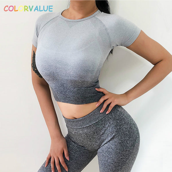 Sport Short-Sleeve Shirts Women Slim O-neck Fitness Gym Crop Tops T-shirt Quick Dry Seamless Athletic Tee