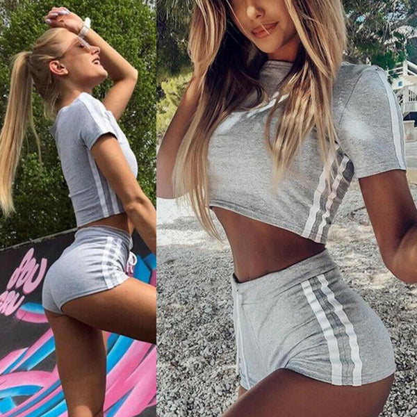 Hot 2019 Women Sets 2Pcs Elastic Bandage Suits Tracksuit Solid O-Neck Sports Gym Run Top Shorts Ladies Fashion Casual Summer